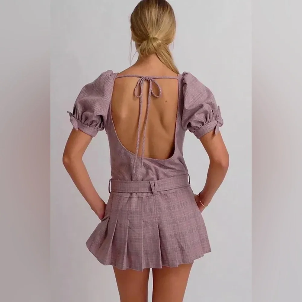 NWOT Free People Sevi Belted Plaid Pleated Mini Dress in Gray & Pink Combo